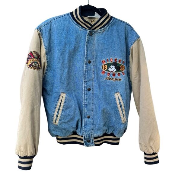 Disney Vintage Mickey Mouse 1928 Varsity "MOM" Embroidered Denim Bomber Jacket - Picture 1 of 9